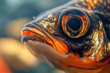 Wall Mural - Close up of a vibrant fish showcasing its detailed scales and expressive features underwater : Generative AI