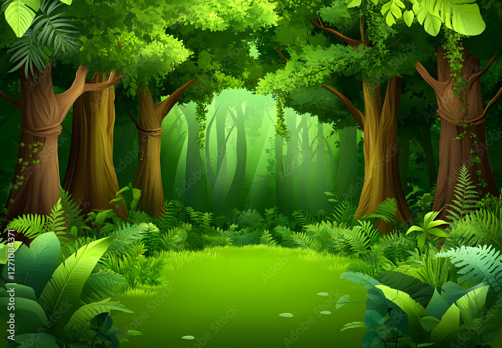 Vector illustration of a green forest landscape with mountains and ...