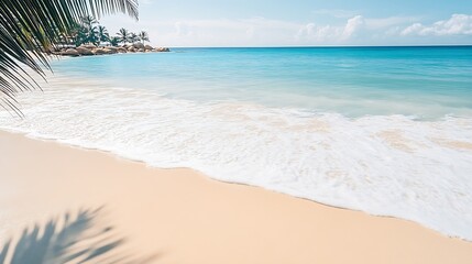 Aufkleber - Gorgeous view of a serene beach with gentle waves lapping at the shore under a sunny sky : Generative AI
