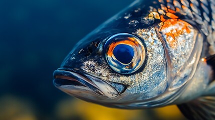 Poster - Magnificent underwater image capturing the intricate features of a black and silver fish with reflective scales : Generative AI