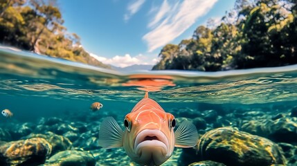 Aufkleber - Captivating underwater view of a fish swimming near clear rocks and vibrant marine life : Generative AI