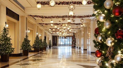 Leinwandbilder - Elegant holiday corridor adorned with festive decorations and Christmas trees creating a warm ambiance : Generative AI