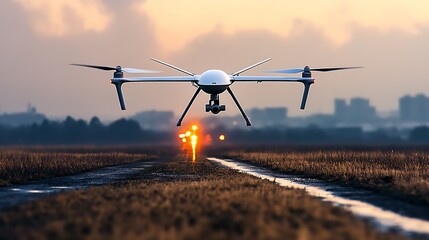 Poster - drone taking off from runway at sunset with city skyline in background : generative ai