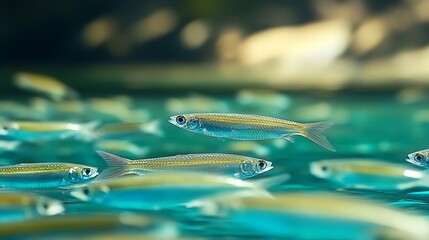 Aufkleber - Captivating underwater scene showcasing a group of shimmering fish gliding over a clear blue ocean in perfect harmony : Generative AI