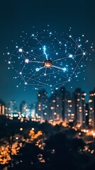 Poster - Advanced Drone Flying Above Urban Cityscape at Night with Beautiful Network of Lights : Generative AI