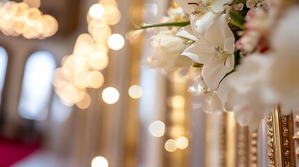 Poster - Elegant floral arrangement with white flowers and soft golden bokeh in the background : Generative AI
