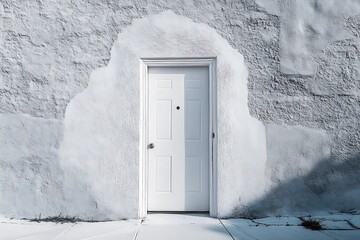 Aufkleber - Minimalist white door integrated into a textured wall casting soft shadows in natural light : Generative AI