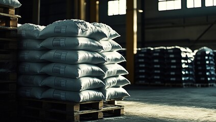 Poster - Warehouse Inventory: Stacked Bags of Granular Material in Industrial Setting, Efficient Storage and Logistics Solutions