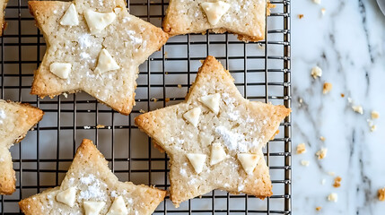 Canvas Print - Star-shaped cookies with white chocolate and powdered sugar cooling on a wire rack atop a marble surface.