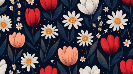 Wall Mural - Background pattern cute flower concept. Vibrant Spring Flower Pattern with Tulips and Daisies on Dark Background