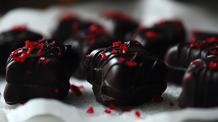 Canvas Print - Dark chocolate candies adorned with red crystal sprinkles on a white surface presented in a shallow depth of field.