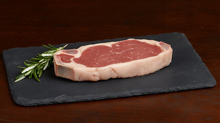 Wall Mural - Raw ribeye steak on a dark slate board garnished with a sprig of fresh rosemary.