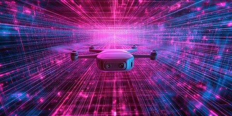 Poster - Futuristic drone flying through a vibrant digital tunnel with colorful light streaks in motion : Generative AI