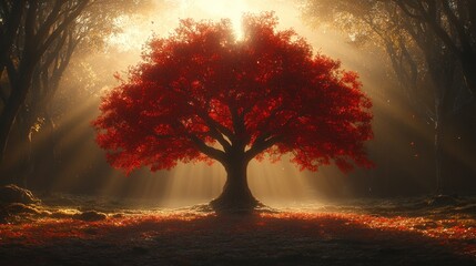 Canvas Print - Sunlit Red Autumn Tree Forest