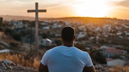 Poster - Contemplative Figure Watching Sunset Near Cross on a Hill with Scenic View of Town : Generative AI