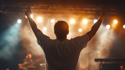 Aufkleber - Silhouette of a man celebrating at a lively concert with bright stage lights illuminating the atmosphere : Generative AI