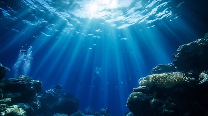 Poster - Sunlight illuminating the underwater coral reef scene with rays breaking through the water : Generative AI