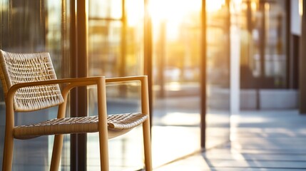 Aufkleber - Stylish wooden chair placed next to glass walls reflecting warm sunlight in a modern setting : Generative AI
