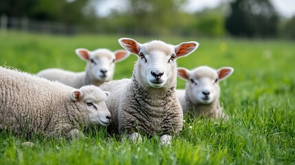 Poster - Adorable group of sheep lounging peacefully in lush green grass under clear skies : Generative AI