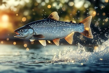 Aufkleber - A stunning fish leaping dramatically from a serene river creating a cascade of splashes in sunlight : Generative AI