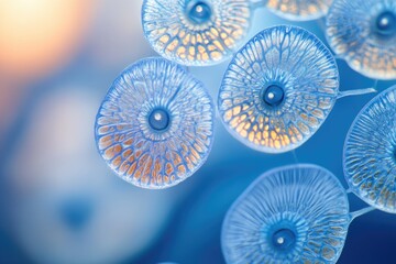 Fototapete - Microscopic view of intricate, bioluminescent disc-shaped organisms in a vibrant blue aquatic environment.