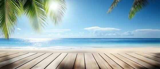 Poster - Bright serene beach scene with shimmering water and vibrant palm leaves in a tropical setting : Generative AI