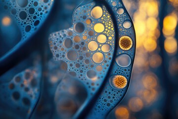 Fototapete - Abstract microscopic image showing interconnected bubbles and golden spheres, resembling a cellular structure.
