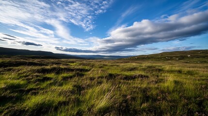 Poster - Beautiful landscape view of vast grassy fields under a dramatic cloudy sky : Generative AI