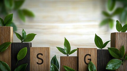 Aufkleber - Wooden blocks displaying letters S and G surrounded by fresh green leaves on a light backdrop : Generative AI