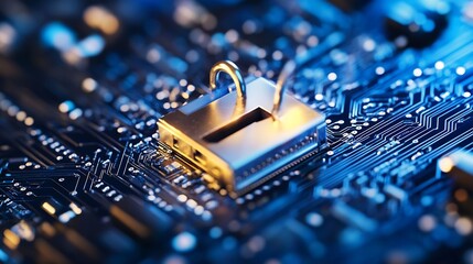 Leinwandbilder - Secure technology visualized through a macro shot of a gold padlock on a circuit board : Generative AI