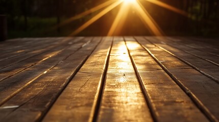 Poster - Glistening wooden deck illuminated by warm sunlight during a tranquil sunset in a serene forest : Generative AI