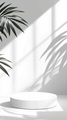Poster - In a bright and modern setting, a sleek white podium stands ready for product displays. Tropical leaves cast intriguing shadows, enhancing the sophisticated atmosphere