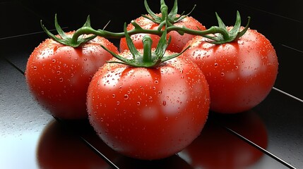 Poster - Fresh and Juicy Red Tomatoes with Water Droplets on a Reflective Surface : Generative AI