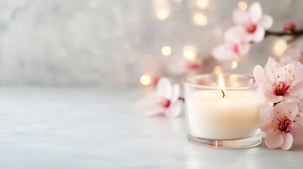 Poster - Serene candle setup with delicate cherry blossoms and soft lighting creating a tranquil atmosphere : Generative AI