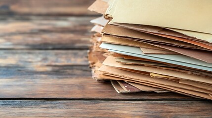 Poster - Stack of assorted paper sheets showcasing variety of textures and colors on a wooden table : Generative AI