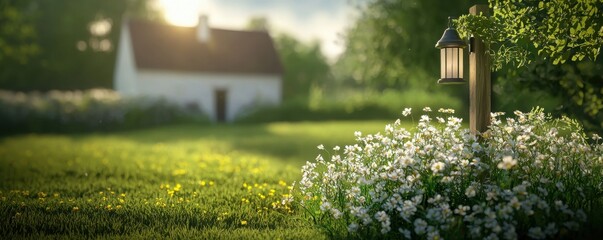 Wall Mural - A serene countryside scene featuring a quaint house surrounded by lush greenery and blooming flowers, illuminated by soft sunlight.