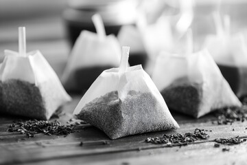 Poster - A close-up shot of various tea bags arranged on a table, perfect for use in still life photography or as a prop for other creative projects