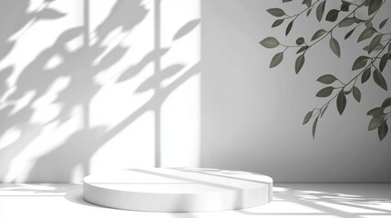 Poster - In a tranquil setting, a sleek white podium stands poised for a product presentation
