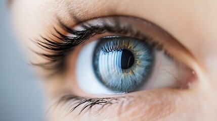 Poster - Extreme close up of a bright blue human eye with long lashes reflecting light in a clear and detailed manner : Generative AI