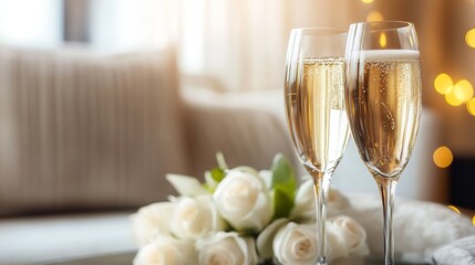 Aufkleber - Elegant champagne flutes on a table adorned with roses symbolizing a celebration : Generative AI