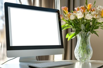 Poster - A computer monitor sits on a desk next to a vase of flowers, great for office or workspace scenes