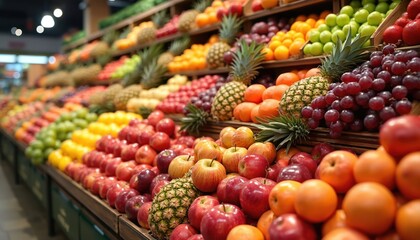 Greengrocer shop display with colorful fresh fruits. Apples oranges pineapples and grapes on shelves in grocery store. Rich in vitamins harvest from local farming natural nutrition.