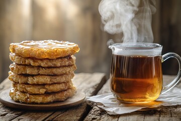 Poster - A stack of cookies sits next to a cup of tea, perfect for a cozy moment