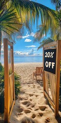 Wall Mural - Inviting Entrance to Beach with 20 Percent Off Promotion where Sunlight Meets Soft Sandy Pathway : Generative AI