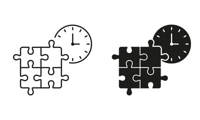 Poster - Puzzle with Time, Urgency Solution Line and Silhouette Icon Set. Deadline for Teamwork Strategy Sign. Editable Stroke. Isolated Vector Illustration