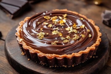 Poster - A chocolate tart sits on top of a wooden plate, perfect for serving and displaying at your next gathering