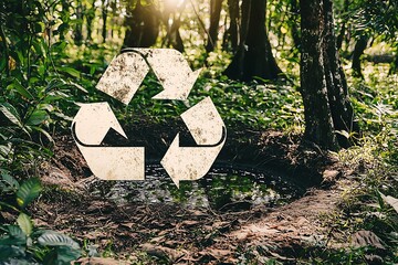 Poster - Woodland scene featuring a recycling symbol blending organically into a tranquil forest setting with sunlight : Generative AI
