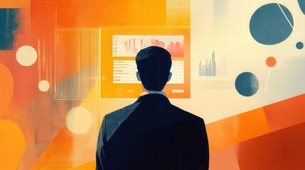 Poster - business professional presenting financial projections using a digital presentation tool.
