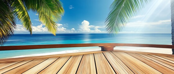 Poster - Stunning outlook from a wooden deck on a beach with gentle waves and swaying palm trees : Generative AI