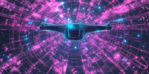 Fototapete - Stylized wireframe drone navigating through a colorful digital vortex with bright light effects : Generative AI